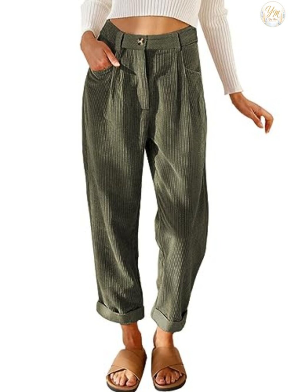 Womens Corduroy Pants High Waisted Straight Leg Elastic Waist Pockets